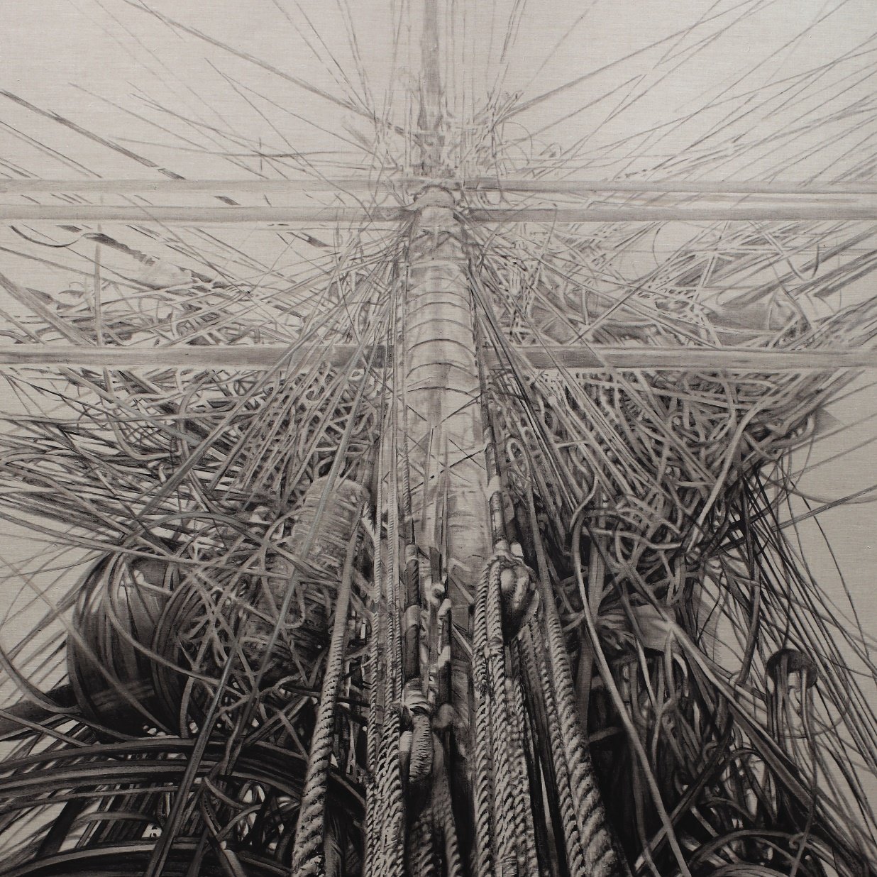 ARONE x s t a r g a z e album cover — a ship's mast and tangled rigging seen from below, drawn in graphite