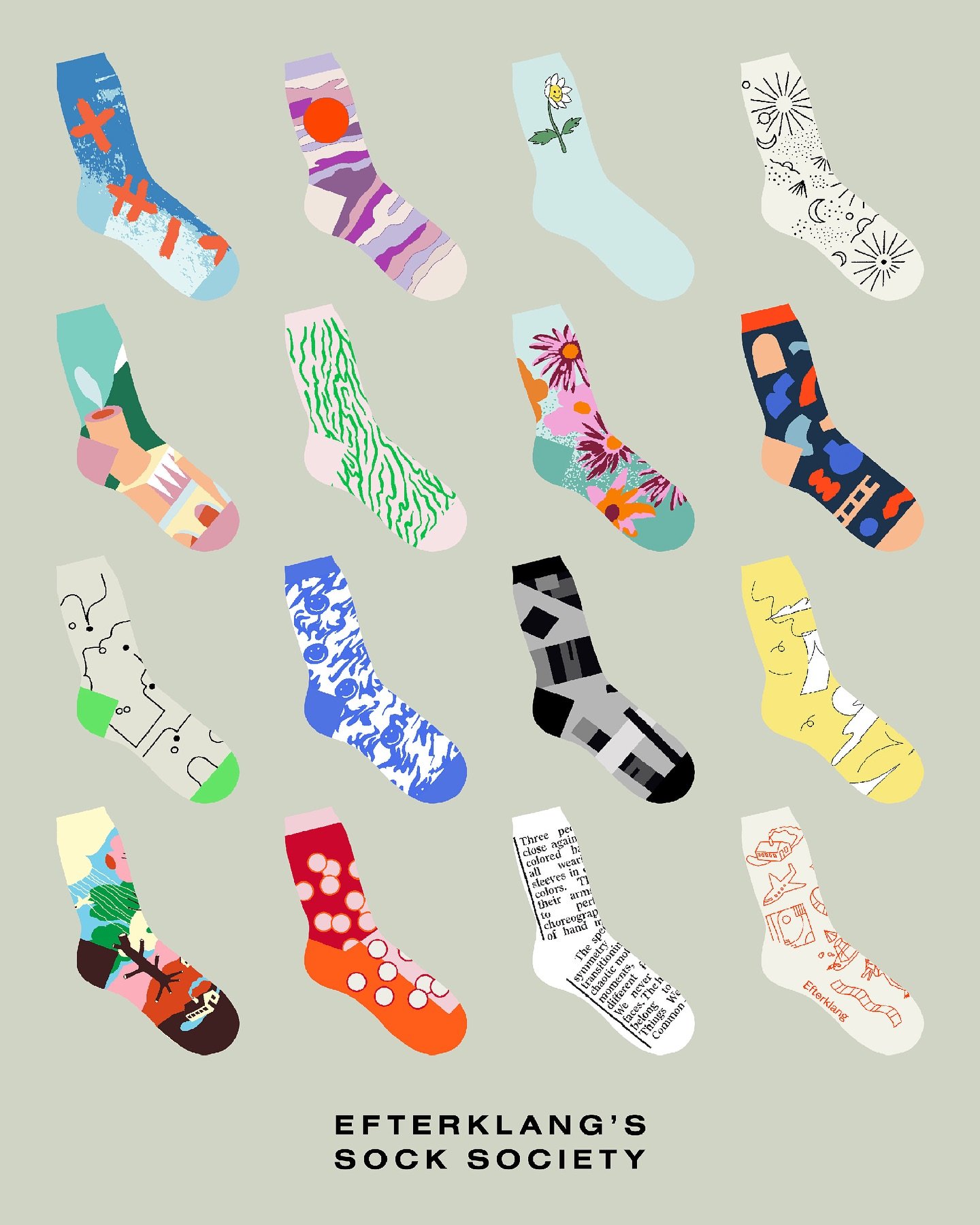 Efterklang's Sock Society — sixteen patterned sock designs laid out on a sage background
