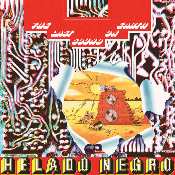 The Last Sound On Earth EP cover — a torn red circuit-board surface revealing a cartoon brick wall of loudspeakers in a desert