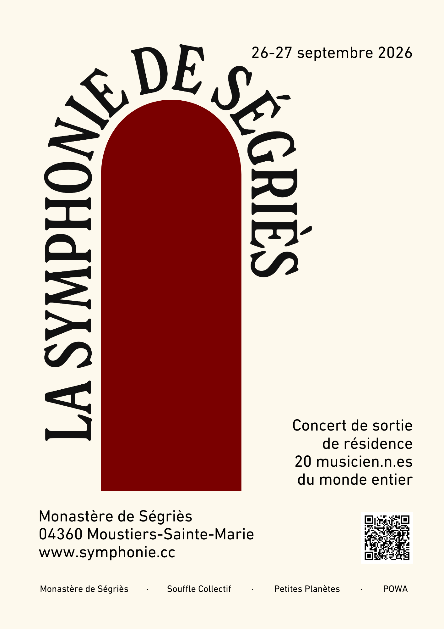 Poster for La Symphonie de Ségriès 2026 — the title curves over a tall dark-red arch on cream; concert de sortie de résidence, 26–27 septembre 2026, 20 musiciens du monde entier